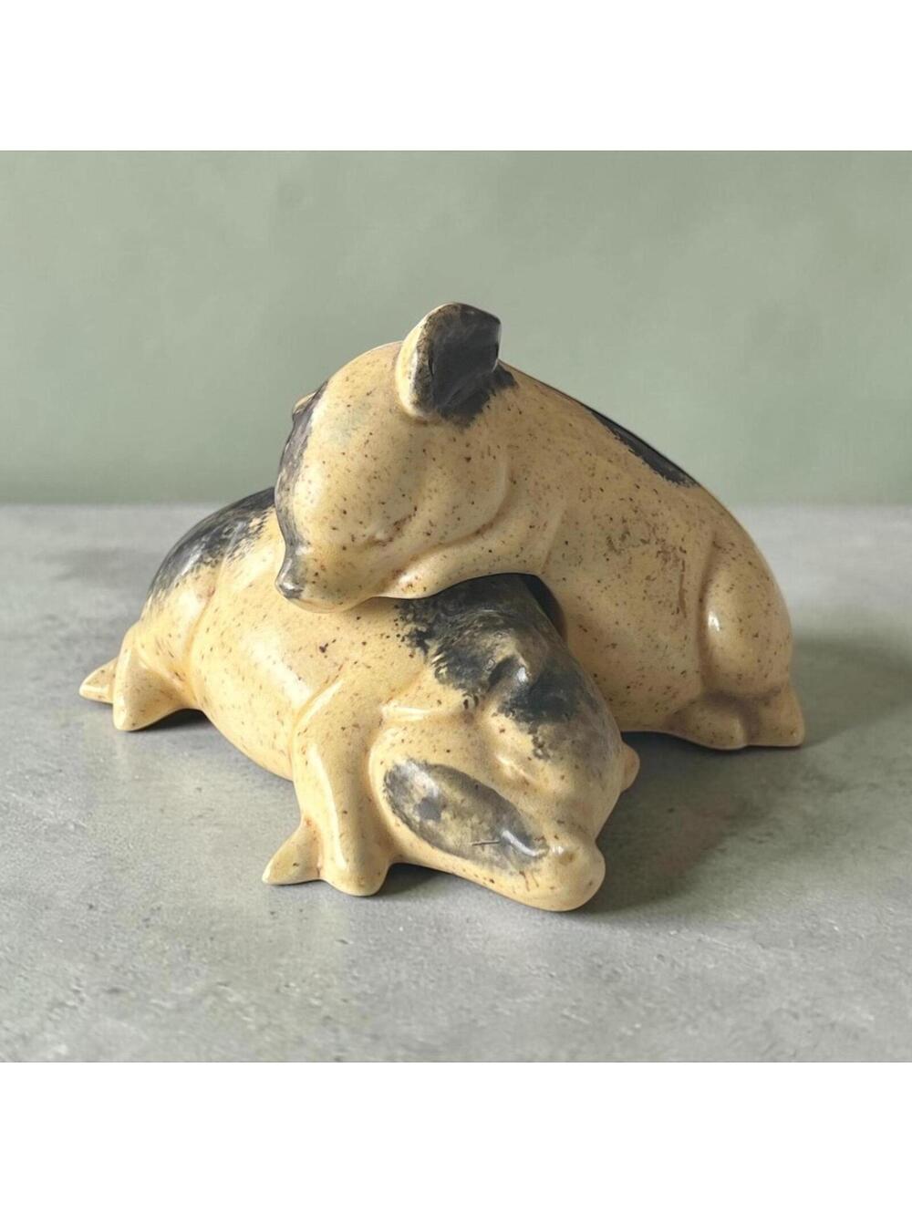 Two Resting Pigs | Vintage Mid Century Farmhouse Decor | Folk Art Animal Pottery